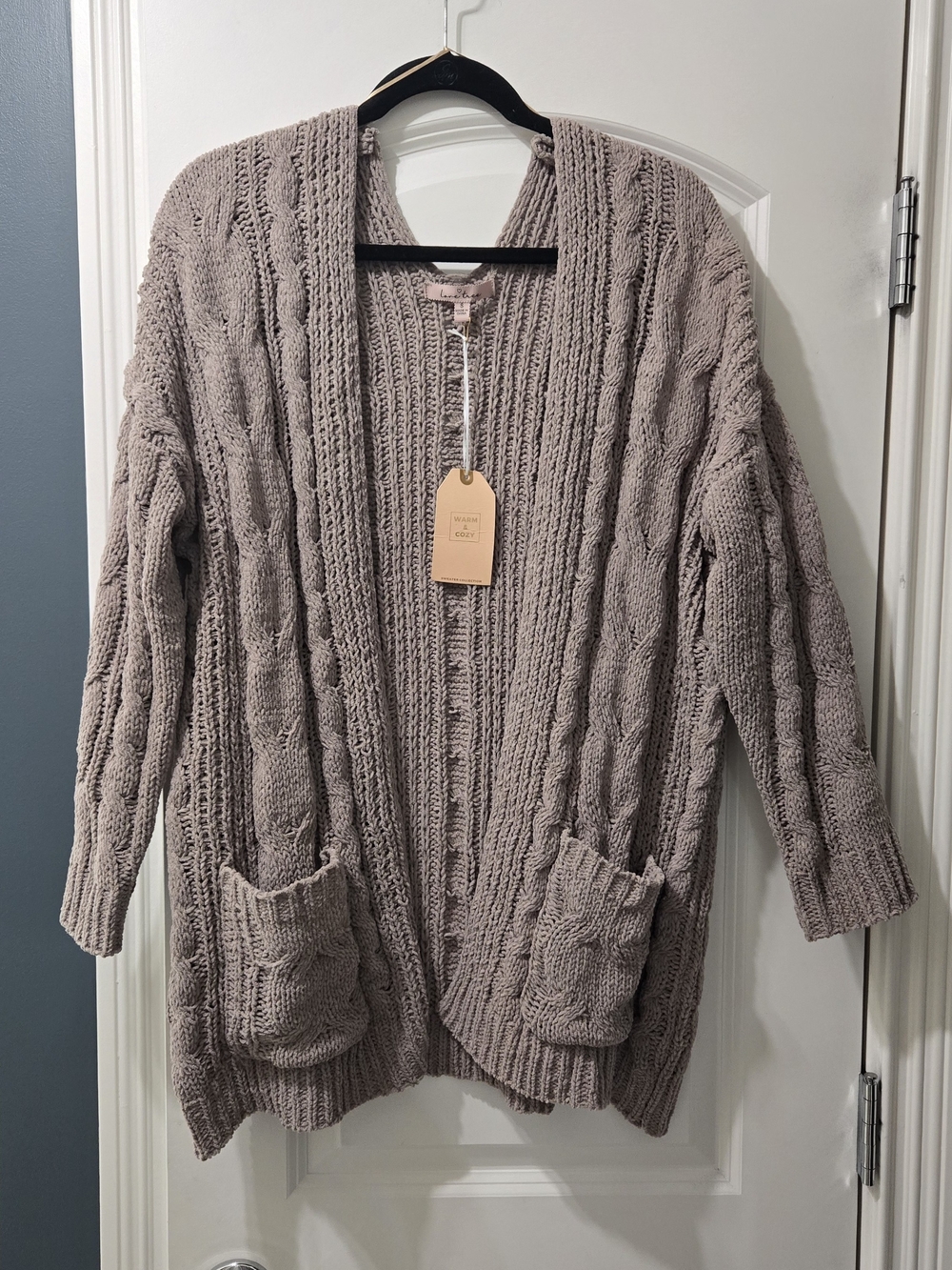 Love Tree Taupe Cable-Knit Open Cardigan